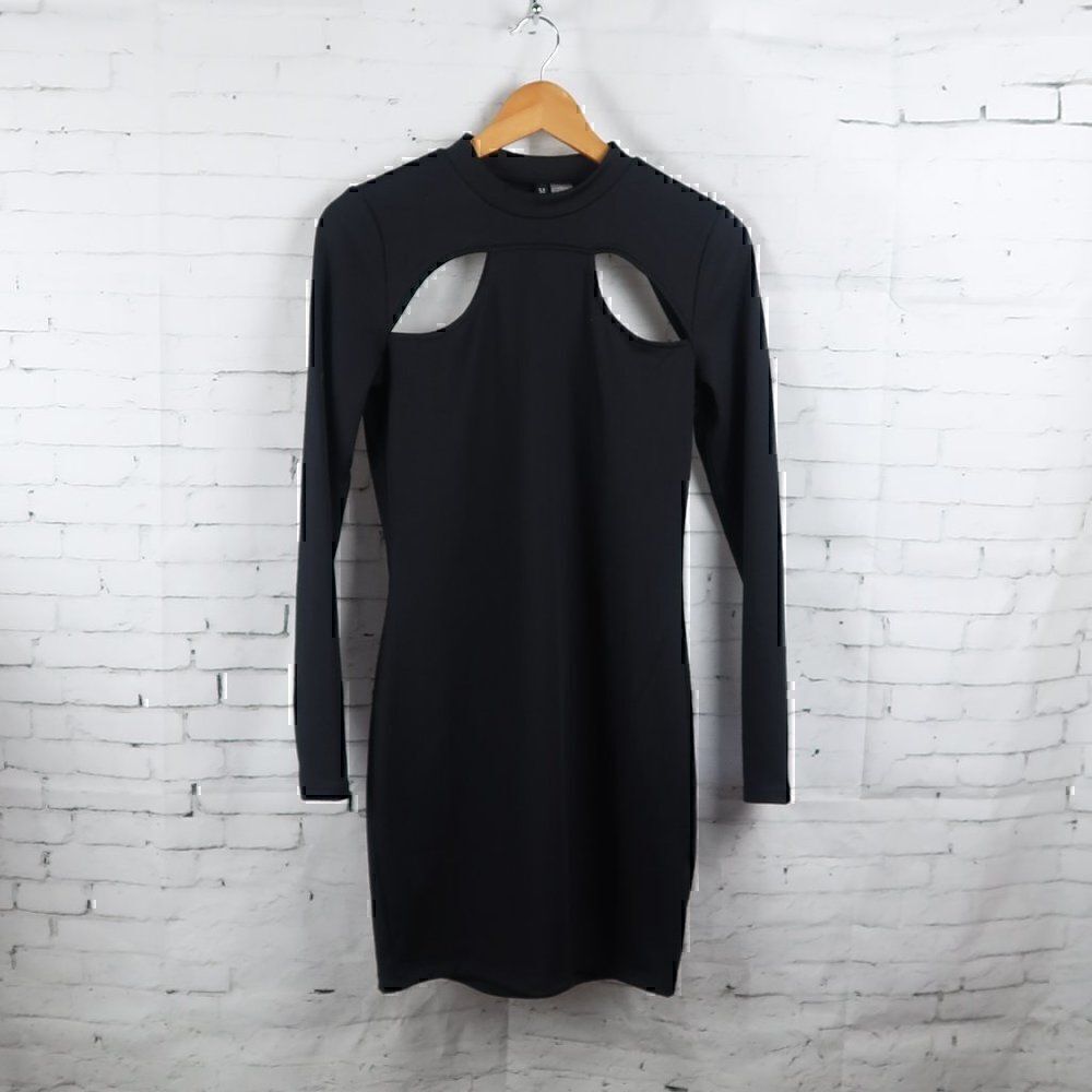 DIVIDED H&M BLACK LONG SLEEVE CREW NECK CUT OUT BODYCON DRESS SIZE MEDIUM